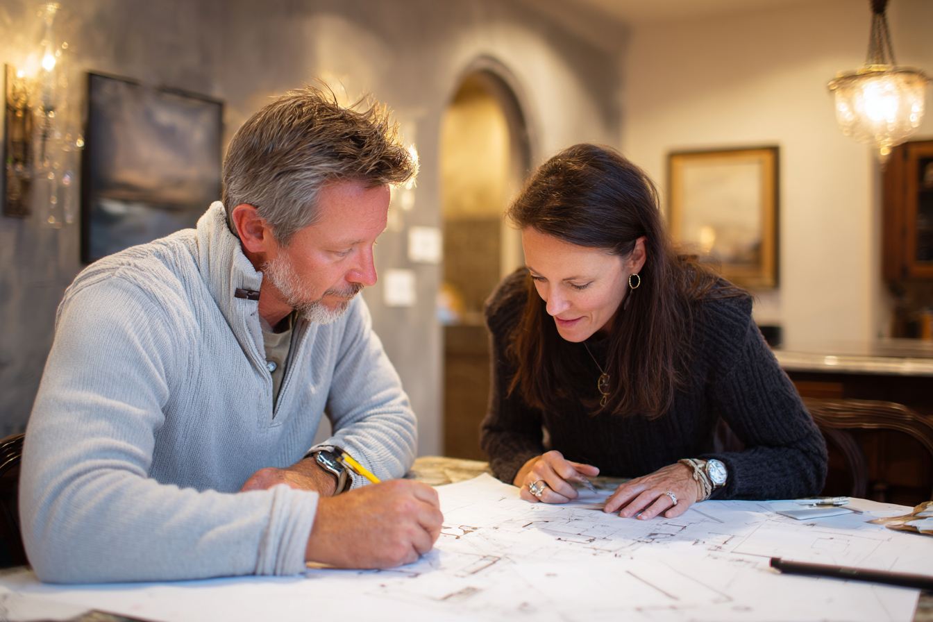 Builder reviewing residential plans with homeowner