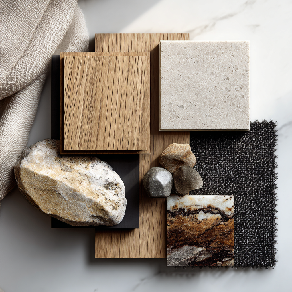 Architectural materials palette with wood and stone